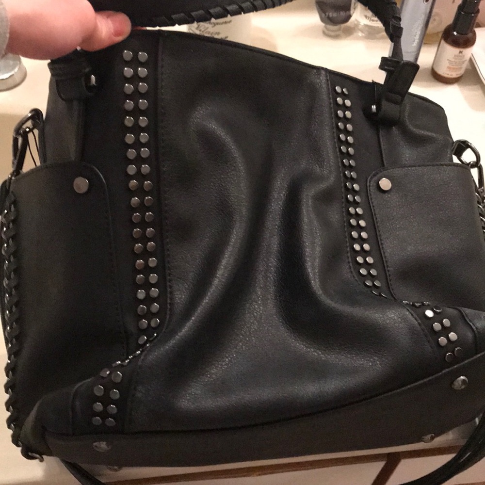 Faux leather small black tote bag with detailing